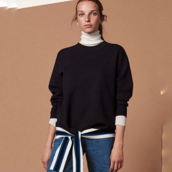 Sandro Pampa Tie Waist Sweater Crew Neck Striped Pullover, Navy Blue - Picture 1 of 15